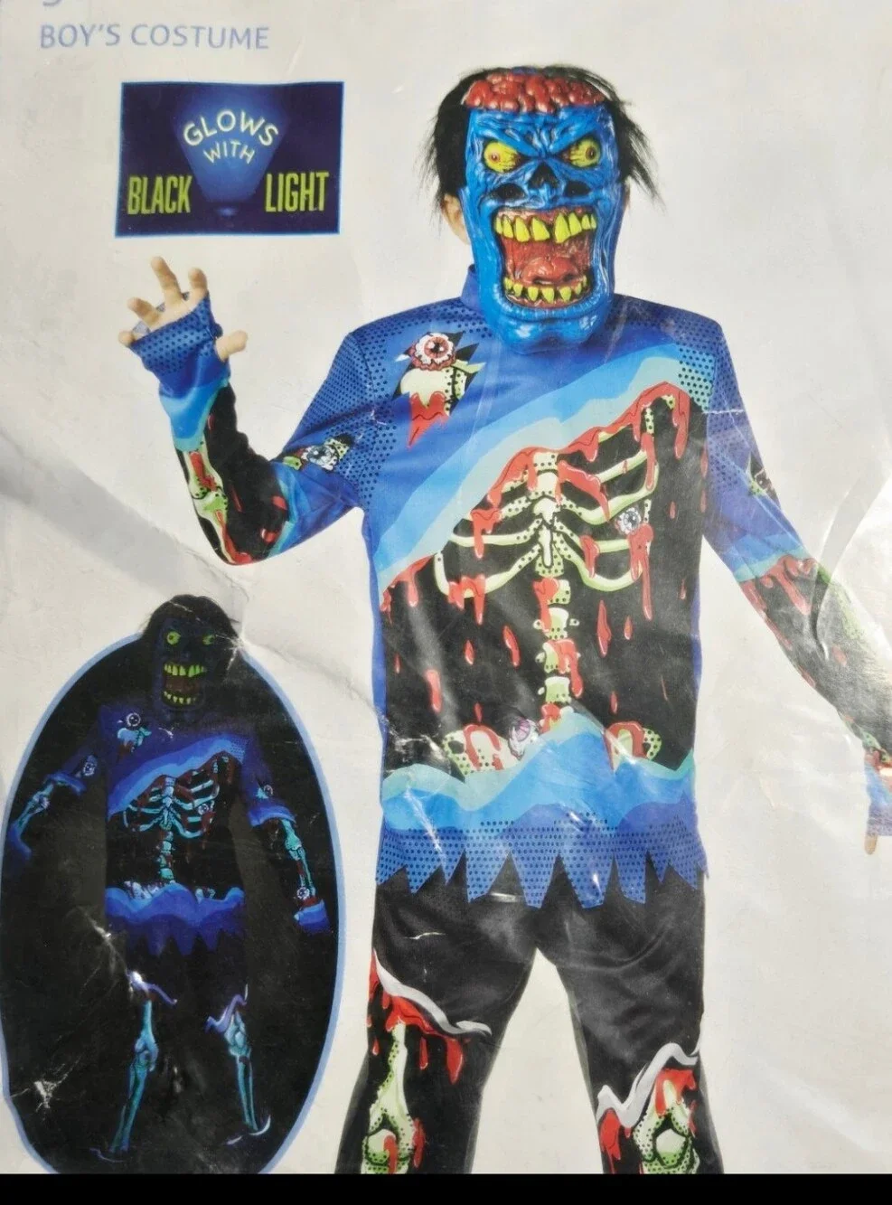 Boys Glow inthe Dark Zombie Costume Size Large 10-12 Halloween Shirt & Pants NIP
